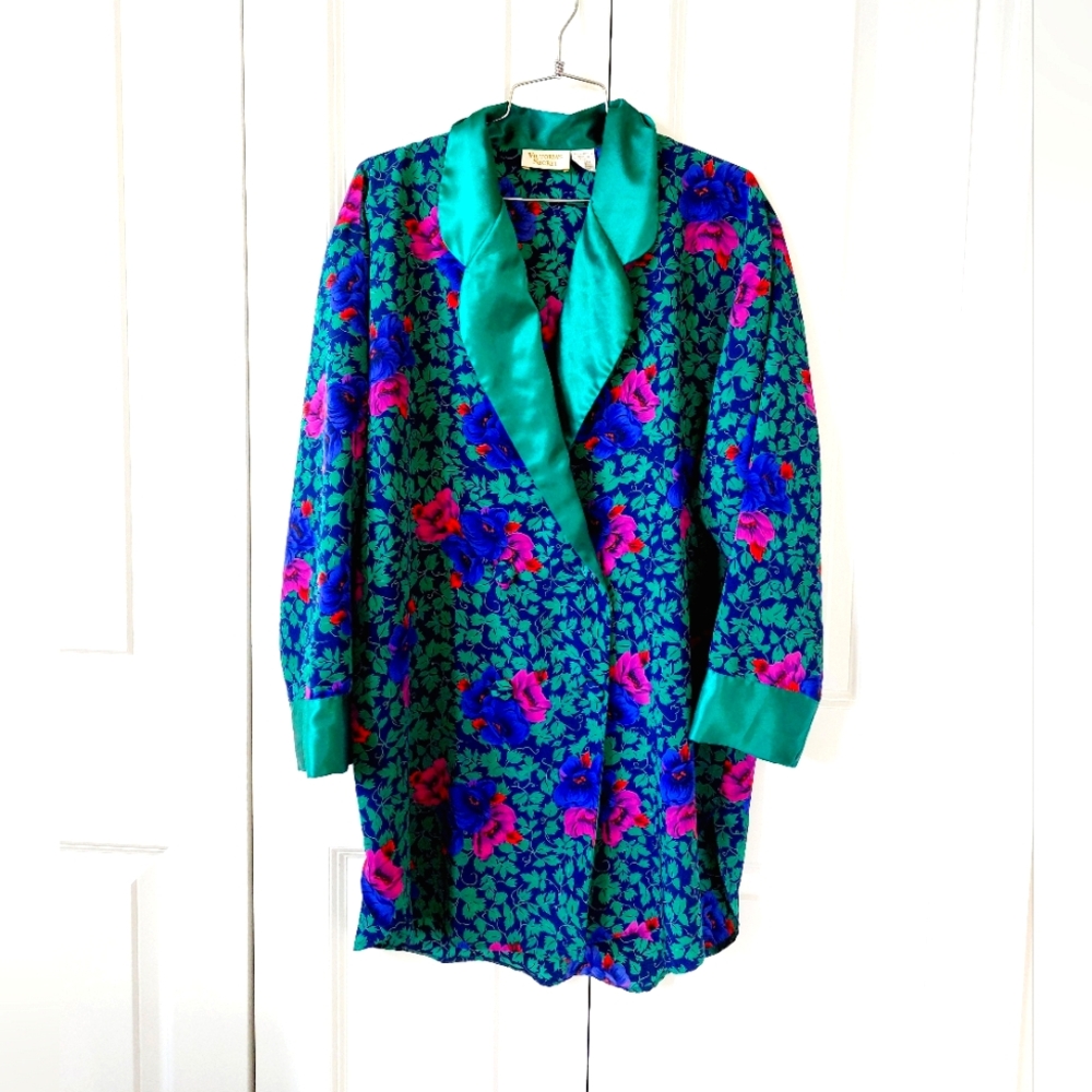 80s Floral Double Breasted Tuxedo Nightshirt Medium Victoria's Secret Gold Label